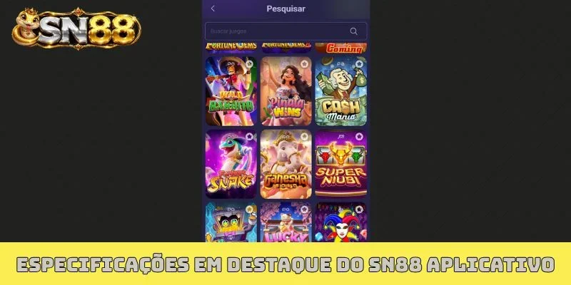 Especificações em destaque do SN88 aplicativo